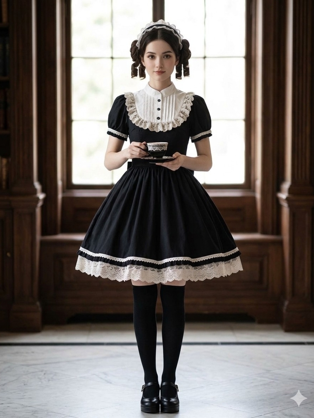 Black White Gothic Lolita Maid Dress Size XS Lace Trim Puff Sleeve Cosplay Mini